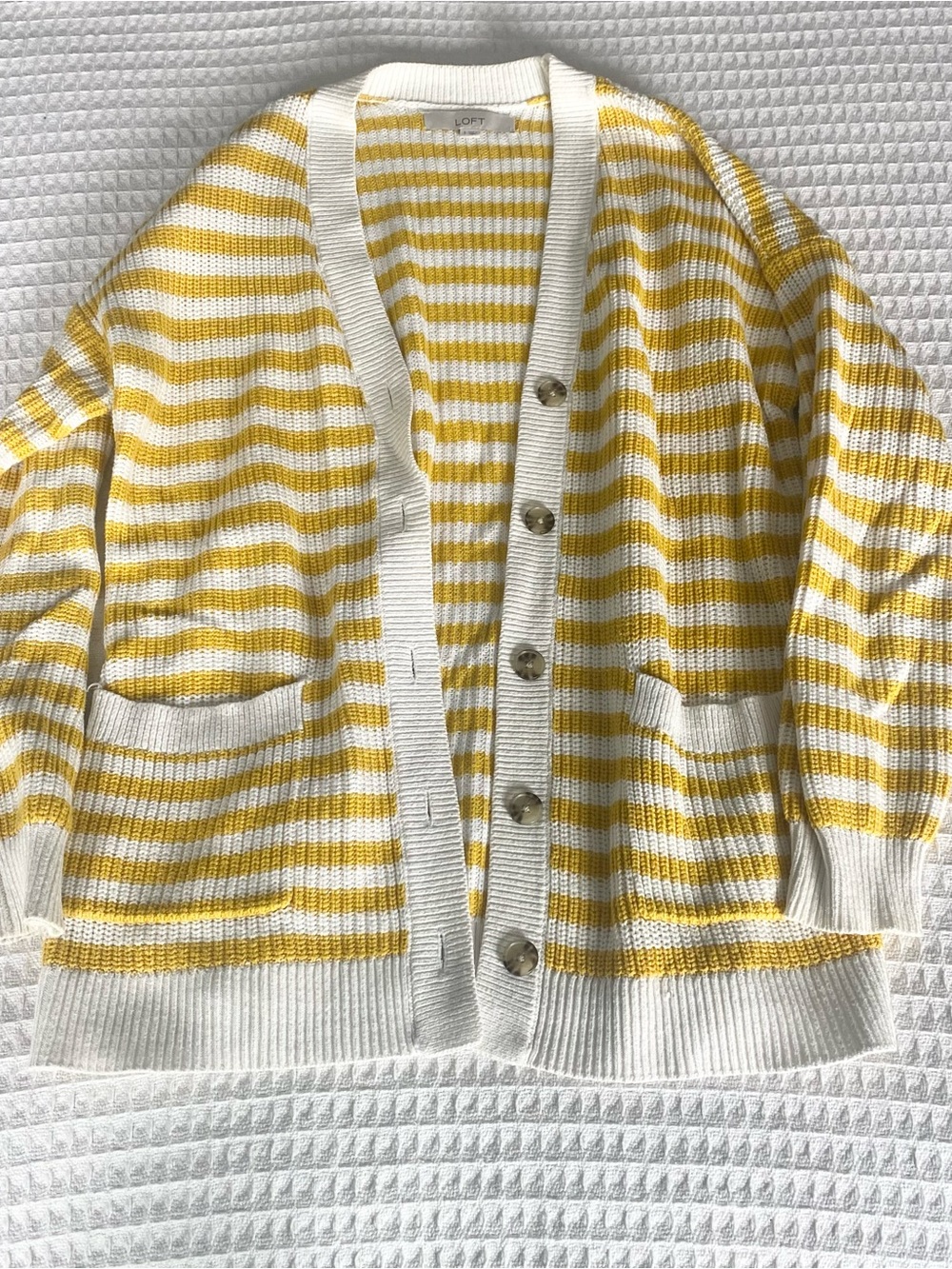 LOFT Yellow & White Striped Cotton Cardigan Small